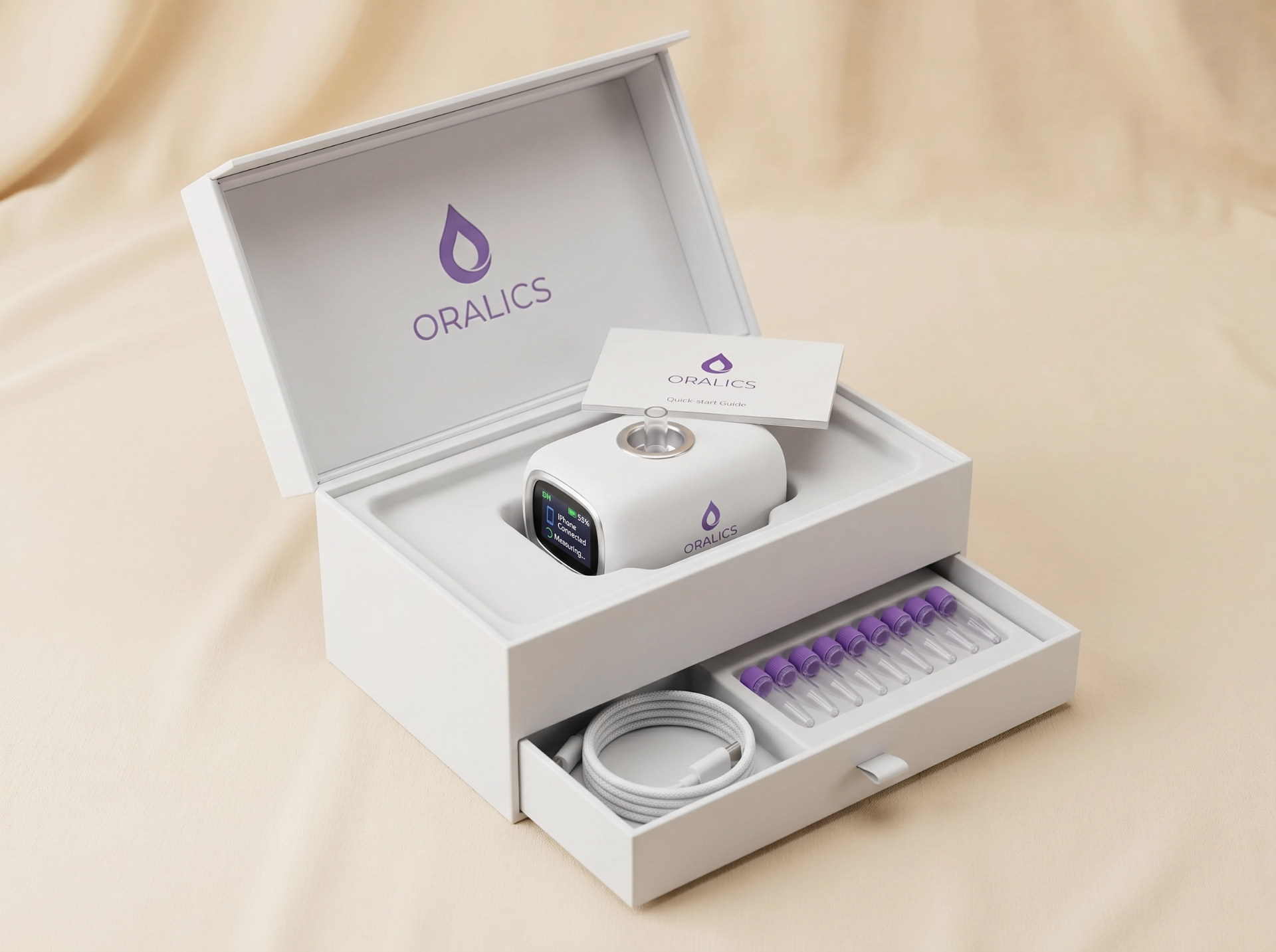 Oralics device packaging with sensor, charging cable, and saliva collection vials